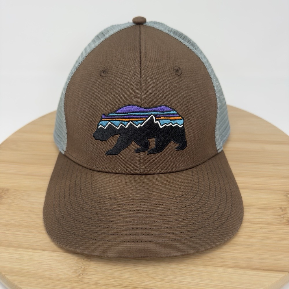 Patagonia Fitz Roy Bear Trucker Hat Brown Gray Mesh Snapback Cap Adjustable